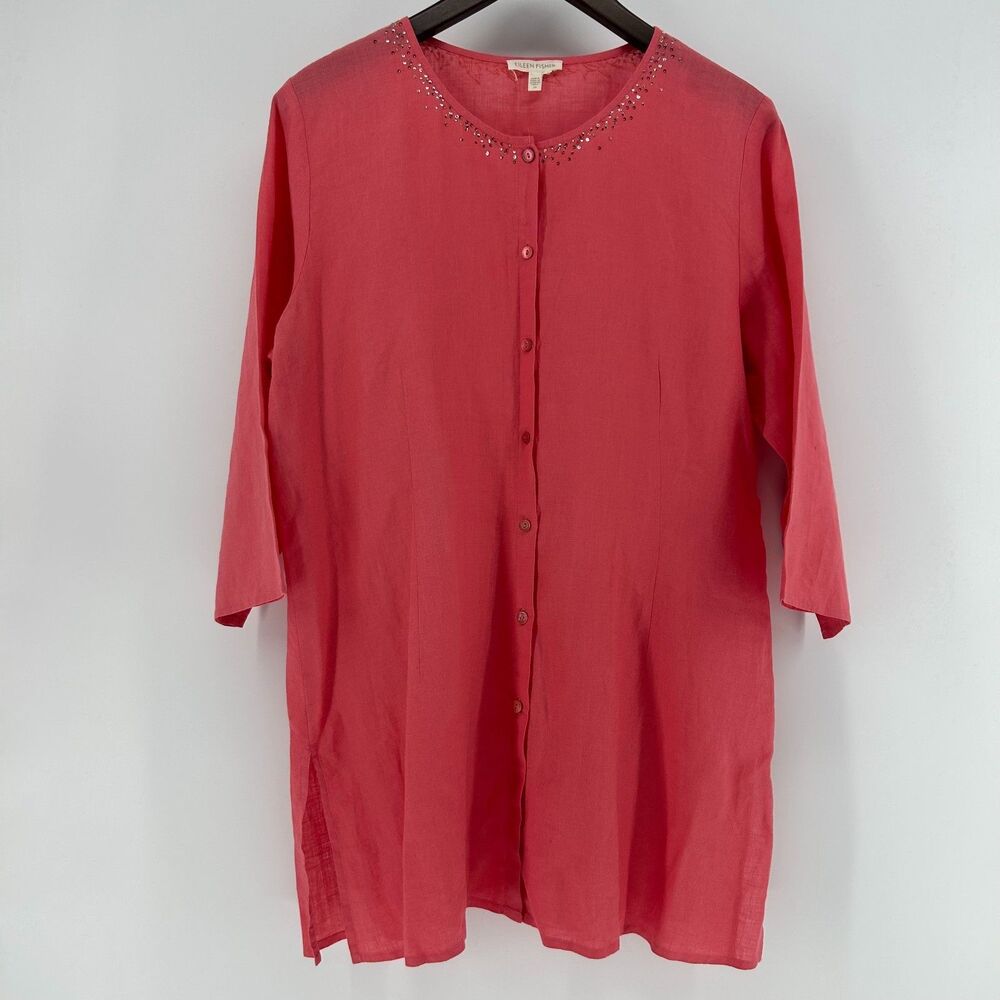 Eileen Fisher Irish Linen Beaded Tunic Top Women M Pink 3/4 Sleeve Button Blouse